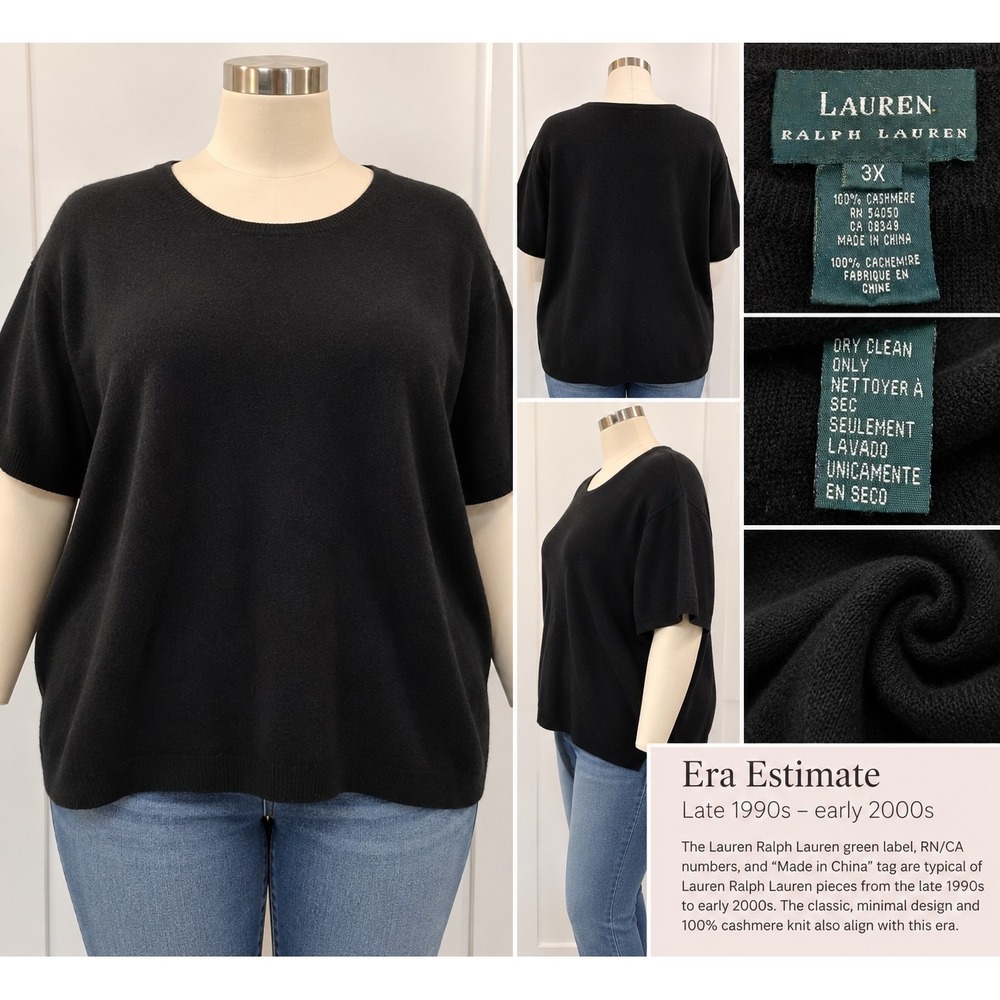 Lauren Ralph Lauren 3X Black Cashmere Short Sleeve Sweater Y2K Quiet Luxury